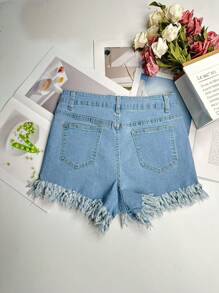 Spring And Summer Women's Denim Shorts Mid-Waist Slim Hot Girl Outer Wear Design Tassel Raw Edge A-Line Hot Pants