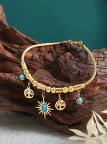2pcs Set Life Tree & Sun Turquoise Pendant Necklace & Bracelet Jewelry Set, Fashion & Versatile