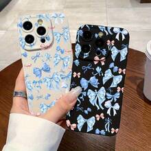 Fundas para celular 16, 15, 14, 13, 12 Pro, 16, 15, 14 Plus, X/Xsmax. Diseño divertido con lazo azul. Acabado mate. Compatibles con phone 16, 15, 14, 13, 12 Pro, 16, 15, 14 Plus, X/Xsmax, S22, S23, S24, S25 Ultra/Plus. TPU suave, antihuellas, absorción de impactos. - Negro - Ver 3