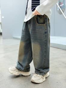 幼儿/小男孩宽松复古牛仔裤，适合秋季休闲、上学、户外穿着