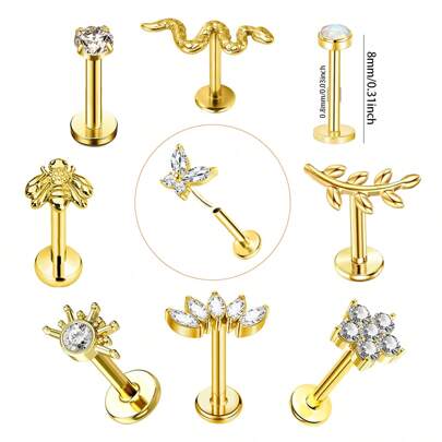 10Pcs 316 Surgical Steel Tragus Piercing Lip Stud Earring For Women Girl,18K Gold Internally Threaded Fashion Combination Cartilage Helix Ear Jewelry Suitable For Daily And Banquets To Wear