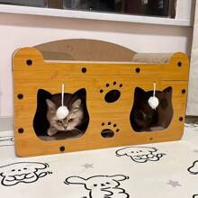 2 en 1 Casa y Rascador para Gatos, 1 Set de Cama de Madera con Rascador para Gatos, Cartón Resistente con Juguetes Colgantes, Cama Multifuncional para Gatos Adecuada para Múltiples Gatos con Zona de Descanso y Zona de Actividad, Estructura Resistente al Rayado, Fácil Montaje, Comodidad para Todas las Estaciones, Regalo Perfecto para Amantes de las Mascotas, Juguetes para Mascotas, Suministros para Mascotas