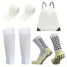 4Pcs/Set Durable Polyester Soccer Socks And Accessories Set - Comfortable Knit Tube Socks With Leg Sleeves, Taping Straps, And Drawstring Bag For Training And Matches
