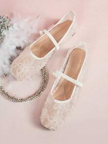 2025年秋季大码女式方头蕾丝拼接玫瑰装饰户外休闲派对透气镂空平底乐福鞋，百搭，芭蕾平底鞋，玛丽珍鞋 - 米色 - 查看 5