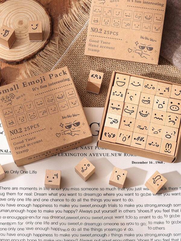 A Set Of 25 Interesting Wooden Box Stamps, Perfect For DIY Decorations, Suitable For Handmade Journals, Greeting Cards, Gifts, And Stamp Gifts For Christmas, New Year, And Valentine'S Day.