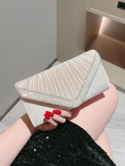 Embroidered Satin Pleated Evening Clutch Bag With Rhinestones, Envelope Shape Purse, Lady's Formal Handbag For Wedding, Party, Cheongsam, Cocktail, Prom Ball, High-End Fashion Clutch Bag