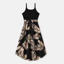 PP Family Matching Floral Print Belted Cami Dresses And Solid Short Sleeve Tops Sets - Black - View 2