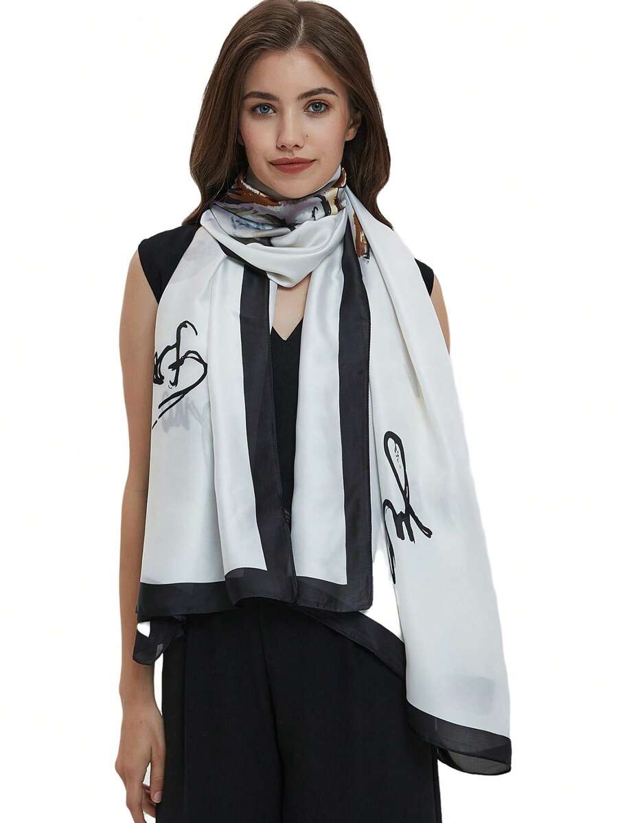 1 件 180*90 厘米新款时尚优雅女士围巾，绿孔雀羽毛印花柔软雪纺头巾、披肩、旅行围巾 - 白色 - 查看 1