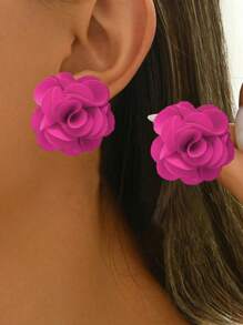 手工涤纶罗缎玫瑰花耳钉