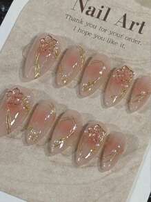 10 Pcs Handmade Press On Nails , Inlaid With Golden Flower Strips, Light And Luxurious, Elegant And Noble In Temperament, Suitable For Daily Use By Women Of Different Styles, Detachable And Reusable, And Can Also Be Given As Gifts To Female Friends