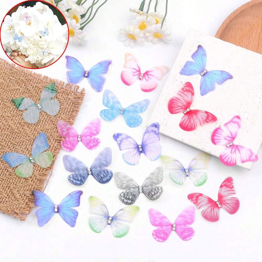 涤纶多色双层蝴蝶贴花、刺绣补丁、婚礼装饰、女士时尚配饰、适用于 DIY 发夹、婚纱、手机壳、墙壁、家居、衣服装饰、派对、婚礼、音乐节、度假、生日礼物、珠宝装饰