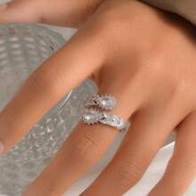1pc Double-Row Waterdrop Copper Plated White Gold Micro Pave Zirconia Stone Fashion Open Finger Ring, Suitable For Outing, Leisures And Daily Wear