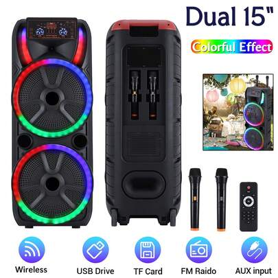 Dazone Dual 15-In Subwoofer Portable Bluetooth Speaker With 2 Wireless Microphone, Professional Rechargeable Heavy Bass Sound LED Party PA System Karaoke DJ Disco LED Light AUX FM Remote Control Handle Wheels Wireless Stereo Trolley Speaker