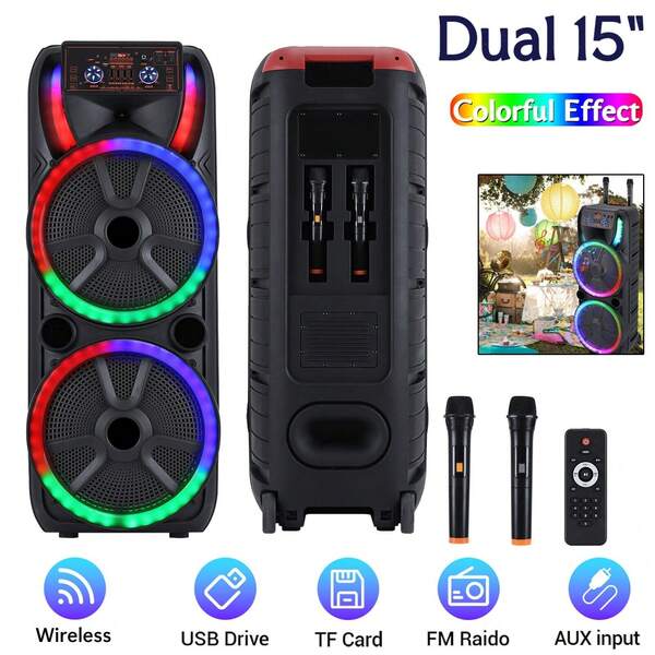 Dazone Altavoz Bluetooth portátil con subwoofer dual de 15 pulgadas y 2 micrófonos inalámbricos, sistema de sonido de graves potentes recargable profesional, sistema de PA LED para fiestas, karaoke, DJ, discoteca, luz LED, control remoto AUX FM, asa, ruedas, altavoz estéreo inalámbrico con carrito.