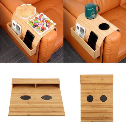 Bandeja de reposabrazos de sofá de bambú vintage con portavasos - Bandeja de sofá plegable y flexible, perfecta para bebidas, aperitivos, control remoto o teléfono, excelente bandeja de reposabrazos para sofá de bambú con caja, para comida y relajación 1 PIEZA
