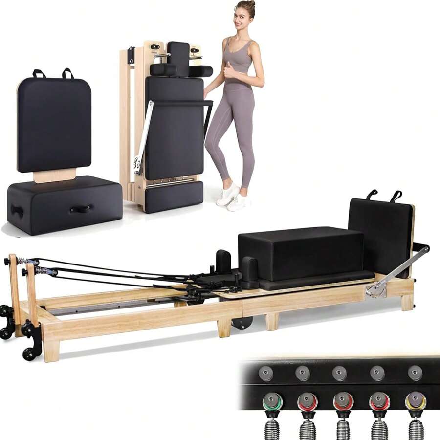 Pilates Reformer Machine Rubber Wood Pilates Bed Exercise Strength Training Foldable Reformer Equipment For Studio Home Gym Yoga Workout Mute Pilates Chair