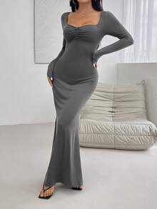 Women's Spring Summer Solid Color Sweetheart Neck Long Sleeves Ruched Fishtail Hem Long Elegant Dress - Dark Grey - View 1