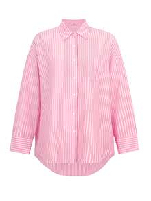 Look Polly Women's Valentine's Day Pink Striped Long Sleeve Shirt, Single-Breasted Casual Beach Fashion, Pocket Design, Suitable For Back To School Season, Retro Beach Style Women's Thanksgiving Shirt, Beach Fashion Women's Shirt - Pink - View 4