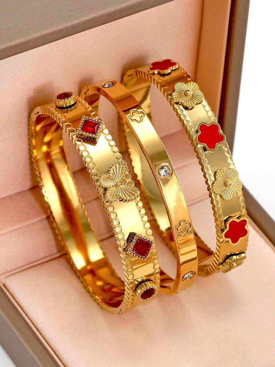 全新设计18K镀金不锈钢花朵、四叶草、蝴蝶手链。适合女性日常佩戴，波西米亚风格，镶嵌彩色方晶锆石。大方、个性、奢华、优雅的黄金首饰，婚礼腕饰套装，适合女孩、女士、妈妈、亲戚、朋友，是婚礼、生日、母亲节、女友情人节的美好礼物。 - 彩色 - 查看 1