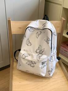 1 件女士蝴蝶印花大容量经典背包，时尚学生上学工作通勤多口袋设计 - 白色 - 查看 1