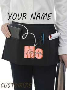 1Pc Personalized CustomUnisex Polyester Apron With 3 Pockets - Customizable Short Half Waist Waiter Work Uniform Hair Stylist Black Apron Hairdresser Beauty Salon Cosmetologist Cosmetology School Barber Gift Custom,For Kitchen, Hotel, Restaurant, Cooking, Baking, And Chef Use, Perfect For Personalized Text Or Logo - Multicolor - View 8
