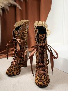 秋冬女款哥特风棕色豹纹西部靴，喇叭边带丝带系带细节粗跟高跟马靴，休闲户外度假复古欧美时尚风格网红推荐，优雅女士中筒靴 - 棕色 - 查看 5