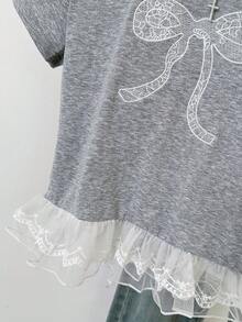 蝴蝶结刺绣蕾丝短袖T恤，宽松设计小众夏季上衣 - 灰色 - 查看 8