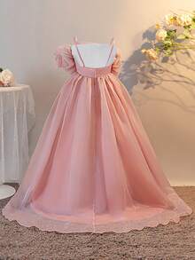 Tween Girls 3D Pink Floral Trailing Wedding Flower Girl Dress, Elegant Bridesmaid Pageant Party Gown For Birthday, Graduation, Prom - 粉色 - 查看 2