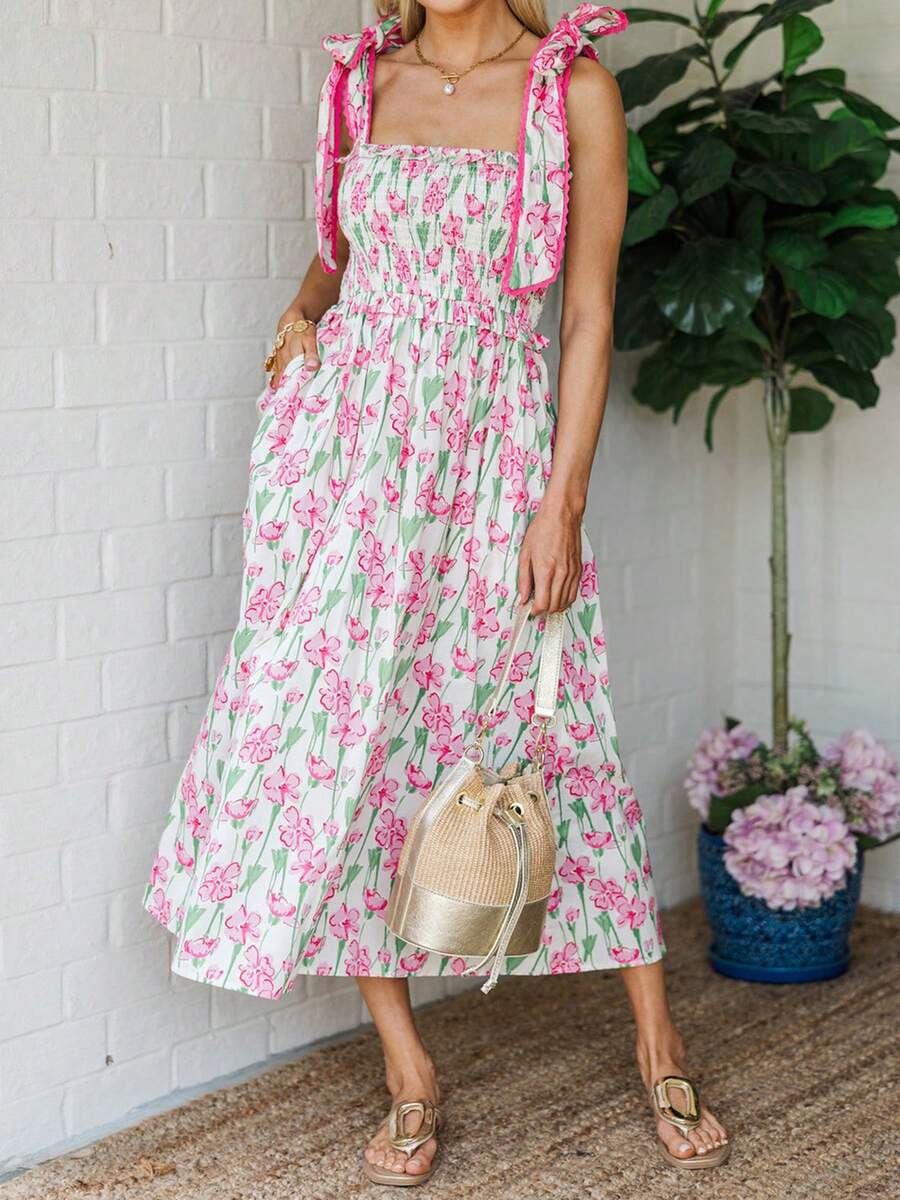 Women Summer Boho Maxi Dress Floral Tie Shoulder Flowy Long Dress Square Neck Ruffle Tiered Beach Sundress - 粉色 - 查看 1
