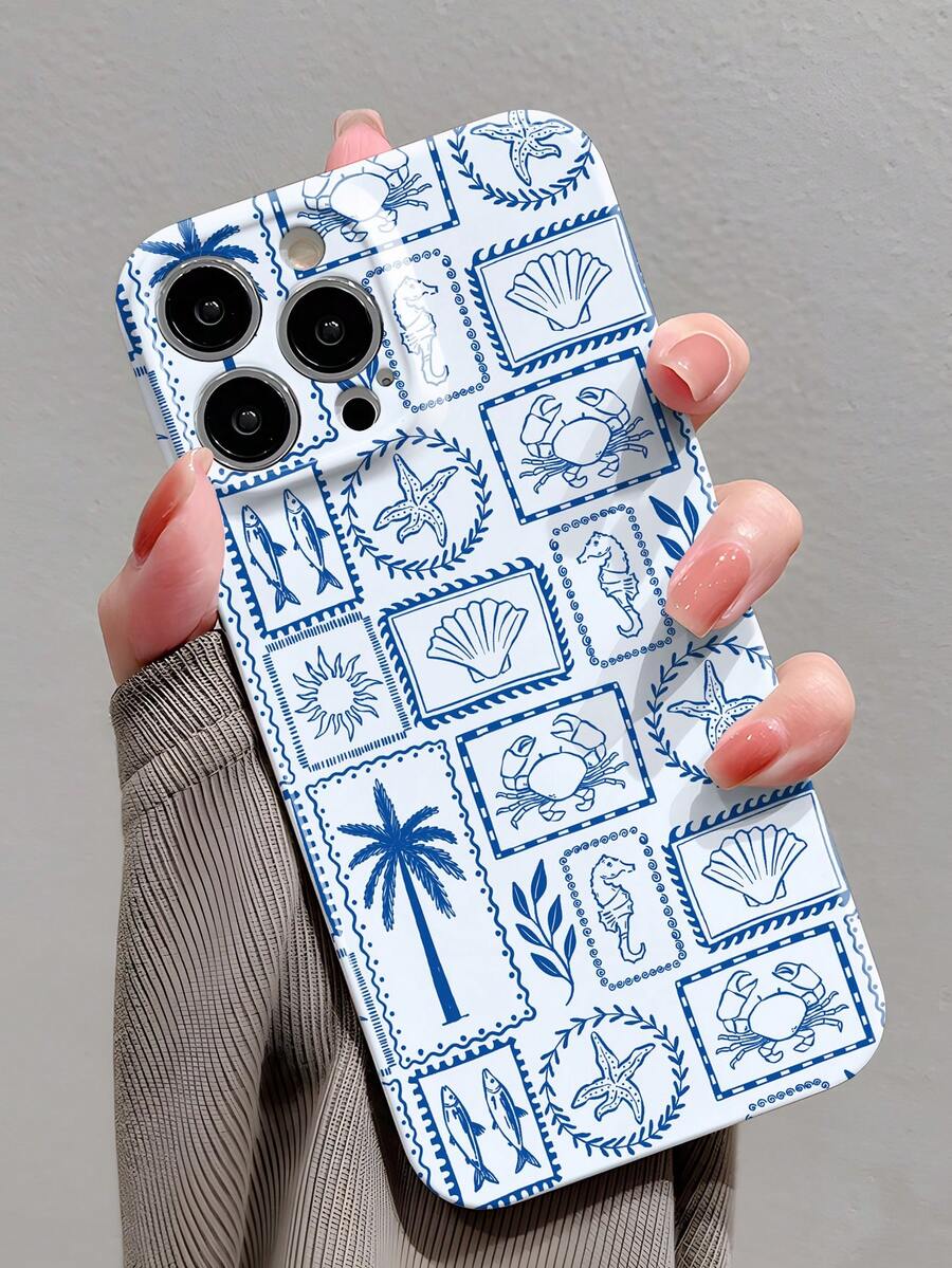 1个少女粉色海洋元素海星贝壳几何设计镂空亮面硬壳手机壳，兼容 11/12/13/14/15/16 Pro Max，防水防震防摔防刮，国际版，非国内版 - 彩色 - 查看 1