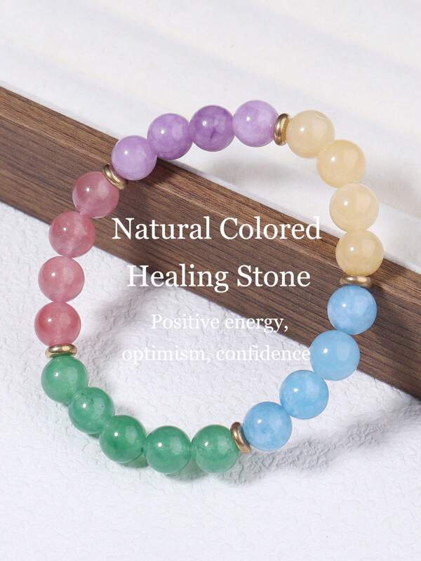 YAUKIA 1pc Natural Colored Healing Stone - 8mm Strawberry Quartz Aquamarine Green Aventurine Rainbow Beaded Bracelet, Bohemian Style Confidence And Optimistic, Positive Energy Jewelry Gift