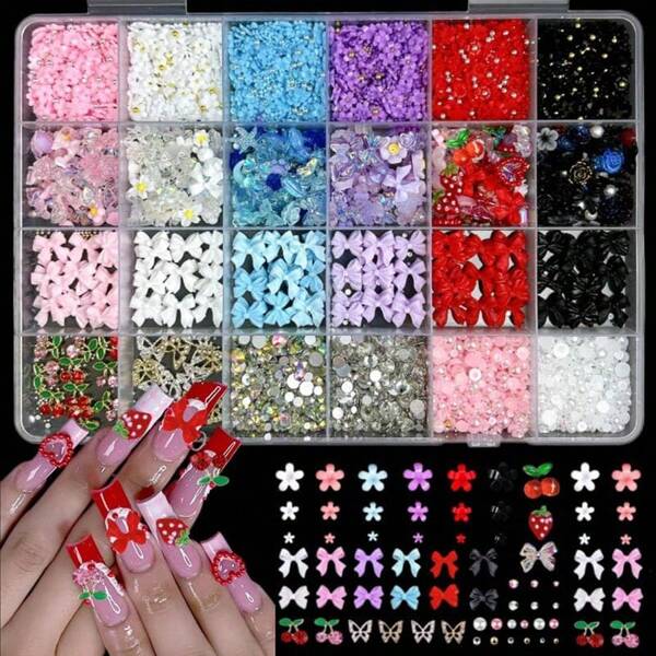 24 Fächer Zinklegierung Cut Out Schmetterlings- und Kirsch-Design flaches Rückenteil Strass Harz 3D Schleife, Mini Mehrfarben Blumen Perlen Nagelkunst Deko DIY Set