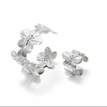 1 Set Ocean Vacation Aesthetic 3D Silver Flower Cuff Bracelet & Ring Boho Fashion Accessory For Daily, Party
