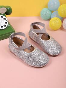 1 par de bailarinas planas de lona para niños con diseño brillante cruzado, zapatos casuales de moda tipo princesa de slip-on para primavera/otoño