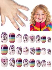 NAIO 24pcs False Nails Kids Girls Press On Short Artificial False Nails Cute Pre Glued Full Coverage Acrylic Nail Tips Set Suitable For Children Little Girls Nail Decoration (Rainbow Unicorn)