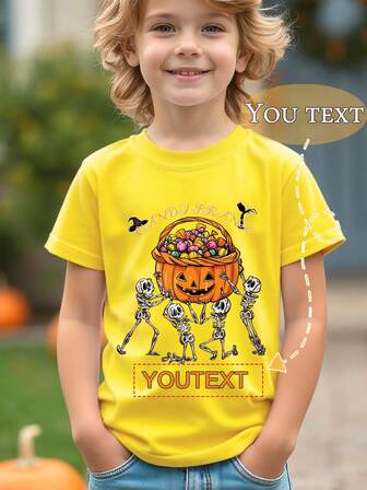 Personalized Text Customization, Your Name Or Preferred Text Creative Customized Halloween Costumes, Suitable For Spring, Summer, Autumn, Boys Summer Clothing, Children's Clothes, Halloween T-Shirts, Boys' Sports T-Shirts, Boys' Children's Sports Tops Short Sleeve, Teenager Clothing, Tops Short Sleeve, Popular Print Elements, Teenage Boys Clothing, Perfect Gift For Halloween, Thanksgiving, Christmas