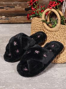女款居家刺繡蝴蝶結布面平底毛絨室內拖鞋，四季可穿地板拖鞋 - 交叉黑色 - 查看 3