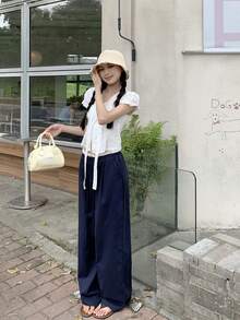 海军蓝色直筒裤，白色撞色拼接，女士休闲裤 - 藏蓝色 - 查看 4