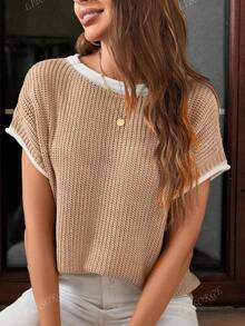 Áo len dệt kim tay cánh dơi màu khối cỡ lớn cho nữ, áo len cardigan chắp vá màu tương phản, áo ba lỗ không tay cho mùa hè và mùa xuân - Màu Khaki - Xem 3