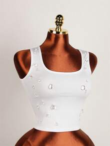Áo tank top crop Kpop gợi cảm mùa hè FQLWL dành cho nữ, không tay, thích hợp tập gym, đi nghỉ mát, họa tiết giọt nước, phong cách boho, màu trắng thường ngày. - trắng - Xem 2