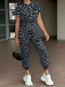 Women Short Sleeve Leopard PrintOveralls Pants Ladies Casual Playsuit Jumpsuit Romper - 灰色 - 查看 1