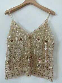 Women Loose Fit V Neck Camisoles Sleeveless Open Back Sparkle Glitter Sequins Tank Tops Summer Going Out Tops Clubwear - Vàng - Xem 1