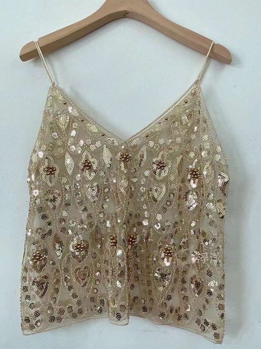 Women Loose Fit V Neck Camisoles Sleeveless Open Back Sparkle Glitter Sequins Tank Tops Summer Going Out Tops Clubwear - Vàng - Xem 1