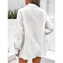 LUNE Solid Drop Shoulder Button Front Shirt,Long Sleeve Tops - White - View 5