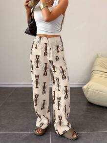 Pantalones rectos y delgados de estilo casual con estampado de langosta para mujer