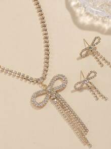 3 pezzi Set di collana girocollo e orecchini con fiocco di cristallo e strass per donne, orecchini a fiocco in argento e zirconia luccicanti per spose, matrimoni, feste e accessori eleganti per San Valentino