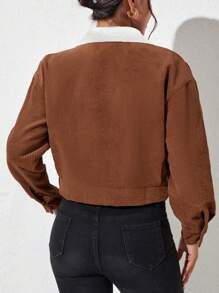 Caramel Color Corduroy Short Jacket, Contrast Color Collar Design, Fashionable Slimming Piece