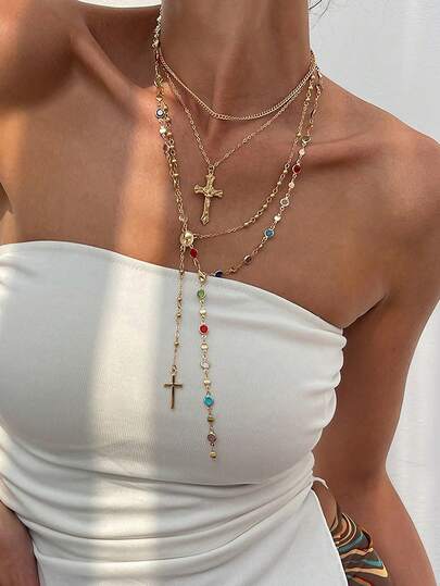 4 件多层 14K 镀金夏季波西米亚球形十字架圣母玛利亚项链，水晶颜色随机，适合度假、祈祷、洗礼