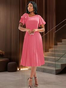 Women's Solid Color Simple Ruffle Sleeve Pleated Casual Dress Elegant Summer - Dusty Pink - View 5