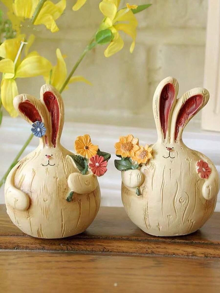 2pcs Resin Hand-Painted Vintage Countryside Rabbit Figurines, Cute Bunny Decorative Home Ornaments, Tabletop Decor For Easter - Multicolor - View 1